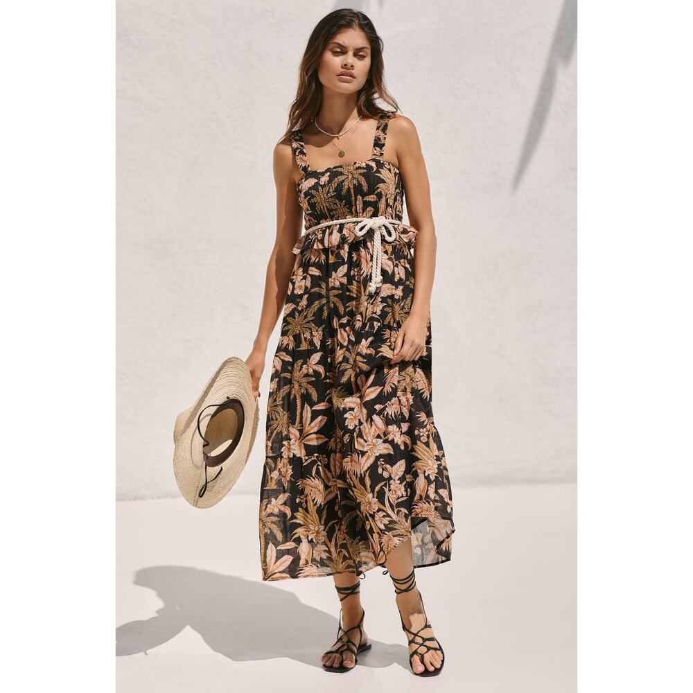 Anthropologie Seafolly Castaway Shirred Tropical Floral Print Maxi Dress Size XS